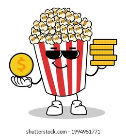 Carácter de palomitas de maíz pop en caja de cubo rojo en cine Vector de refrigerios Ilustración del personaje de caricatura de palomitas