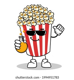 Cute Pop Corn Popcorn Character in Red Bucket Box Cinema Snack Vector Illustration of Popcorn Cartoon Character Icon