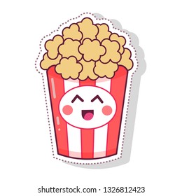 Cute Pop Corn  in Red Bucket Box Cinema Snack Vector Illustration Cartoon Character Icon print for greeting card. post card. flyer, badges, sticker, poster, postcard, patches, banner, scrapbooking