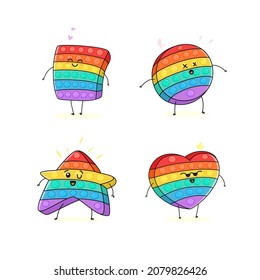 Cute pop it fidget toys, antistress sensory game gadgets. Vector cartoon set of funny rainbow colored popit characters. Emoji with trendy childish silicone toys