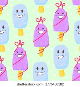 Cute Pop Ice Creams Pattern, Kawaii Character Ice Cream Illustration, Vector Illustration EPS 10.
