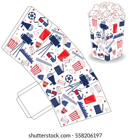 Cute popcorn box with flat cinema objects. Template for film party, cinema shop, and other. Just print, cut out, and glue it together.