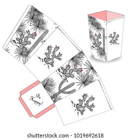 Cute popcorn box with hand drawn sketch cactus. Favor, gift box. Just print, cut out, and glue it together.