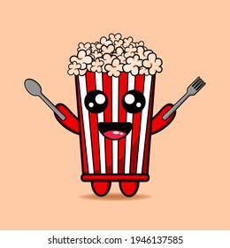 cute popcorn bring cutlery design mascot kawaii