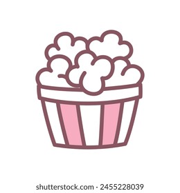 Cute popcorn bucket icon. Hand drawn illustration of snack food isolated on a white background. Kawaii sticker. Vector 10 EPS.
