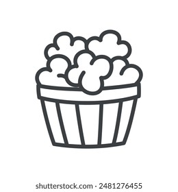 Cute popcorn bucket icon. Hand drawn monochrome illustration of snack food isolated on a white background. Kawaii sticker. Vector 10 EPS.