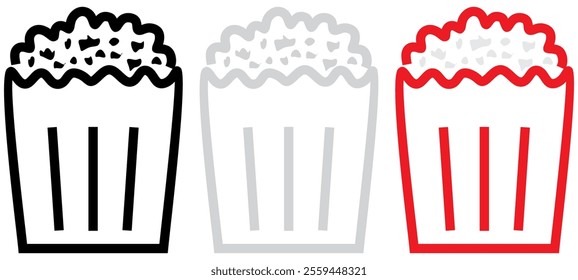 Cute Popcorn buckets icon. Vector illustration with cinema snack in cartoon style isolated on white background