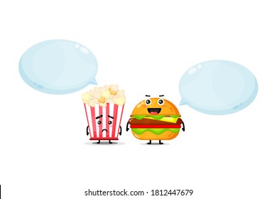 Cute popcorn and burger mascot with happy and sad expressions
