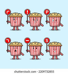 Cute Popcorn cartoon character holding traffic sign illustration in modern 3d style design