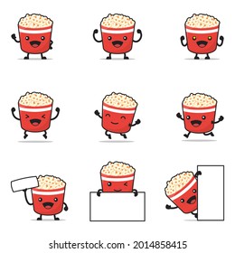 cute popcorn cartoon. with happy facial expressions and different poses, isolated on a white background