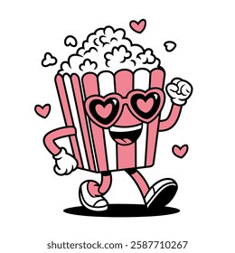 Cute Popcorn Cartoon with Heart Glasses Illustration