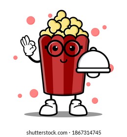 cute popcorn cartoon mascot character funny expression holding food cover