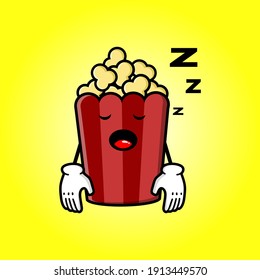 cute popcorn cartoon mascot character funny expression tired and sleeping 