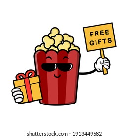 cute popcorn cartoon mascot character funny expression  holding gifts box