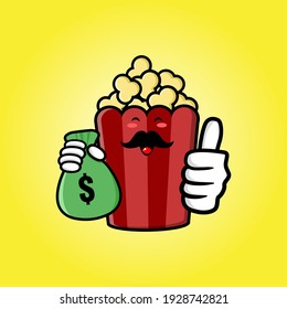 cute popcorn cartoon mascot character funny expression holding money pouch with tumb up