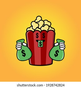 cute popcorn cartoon mascot character funny expression with money eye and holding money pouch