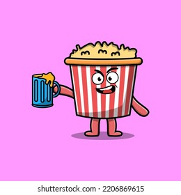 Cute Popcorn cartoon mascot character with beer glass and cute stylish design flat illustration