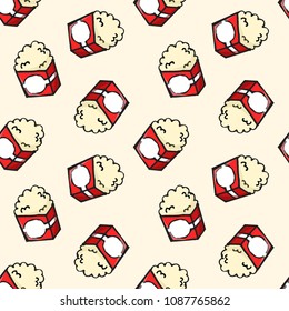 cute popcorn cartoon object seamless pattern on orange background, vector doodle art