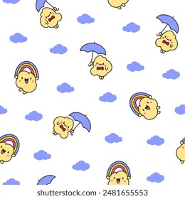Cute popcorn character in different poses. Seamless pattern. Funny cartoon food. Hand drawn style. Vector drawing. Design ornaments.