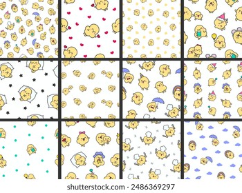 Cute popcorn character in different poses. Seamless pattern. Funny cartoon food. Hand drawn style. Vector drawing. Collection of design ornaments.