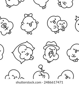 Niedliche Popcorn-Figur in verschiedenen Posen. Nahtloses Muster. Seite färben. Komisches Cartoon-Essen. Handgezeichneter Stil. Vektorgrafik zeichnen. Design Ornamente.