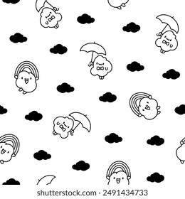 Cute popcorn character in different poses. Seamless pattern. Coloring Page. Funny cartoon food. Hand drawn style. Vector drawing. Design ornaments.