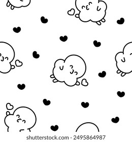 Cute popcorn character in different poses. Seamless pattern. Coloring Page. Funny cartoon food. Hand drawn style. Vector drawing. Design ornaments.