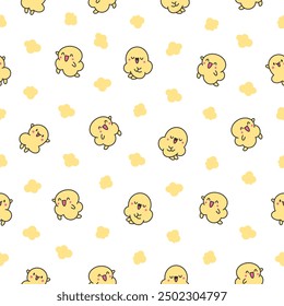 Cute popcorn character in different poses. Seamless pattern. Funny cartoon food. Hand drawn style. Vector drawing. Design ornaments.