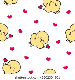 Cute popcorn character in different poses. Seamless pattern. Funny cartoon food. Hand drawn style. Vector drawing. Design ornaments.