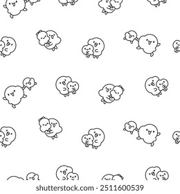 Cute popcorn character in different poses. Seamless pattern. Coloring Page. Funny cartoon food. Hand drawn style. Vector drawing. Design ornaments.