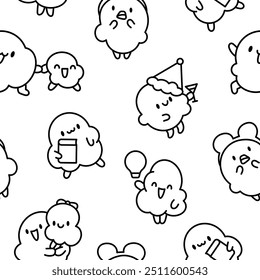 Personagem de pipoca bonito em poses diferentes. Padrão contínuo. Página de cores. Engraçado desenho animado. Estilo desenhado à mão. Desenho vetorial. Desenhar ornamentos.