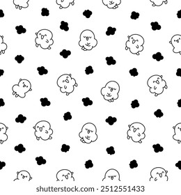 Cute popcorn character in different poses. Seamless pattern. Coloring Page. Funny cartoon food. Hand drawn style. Vector drawing. Design ornaments.