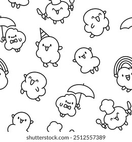 Cute popcorn character in different poses. Seamless pattern. Coloring Page. Funny cartoon food. Hand drawn style. Vector drawing. Design ornaments.