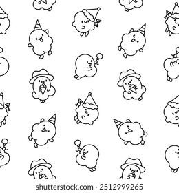 Cute popcorn character in different poses. Seamless pattern. Coloring Page. Funny cartoon food. Hand drawn style. Vector drawing. Design ornaments.