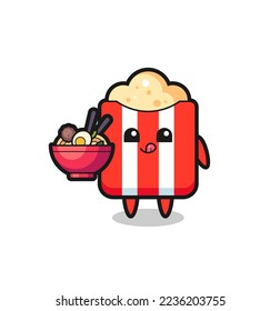 cute popcorn character eating noodles , cute style design for t shirt, sticker, logo element