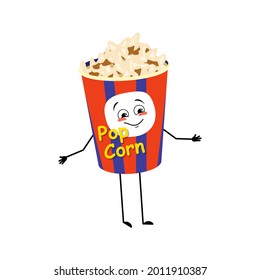 Cute popcorn character in a holiday box with happy emotions, joyful face, smile eyes, arms and legs. Funny snack for cinema and films