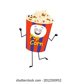 Cute popcorn character in a holiday box with happy emotions, dancing, joyful face, smile eyes, arms and legs. Funny snack for cinema and films