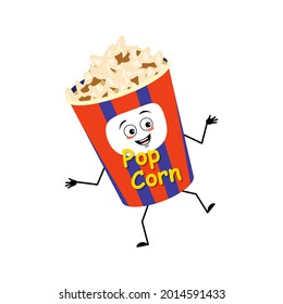 Cute popcorn character in a holiday box with happy emotions, dancing, joyful face, smile eyes, arms and legs. Funny snack for cinema and films