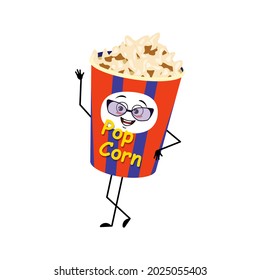 Cute popcorn character in a holiday box with glasses and joyful emotions, joyful face, smile eyes, arms and legs. Funny snack for cinema and films