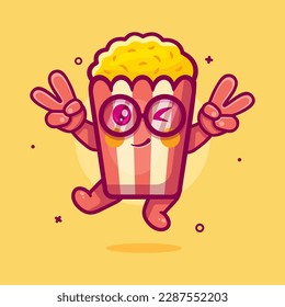 cute popcorn character mascot with peace sign hand gesture isolated cartoon in flat style design