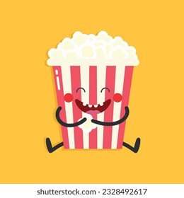 Cute popcorn character on yellow background. Cartoon smiling popcorn in flat style. Vector illustration