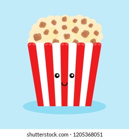 Cute popcorn character in a red box. Cinema snack vector Illustration