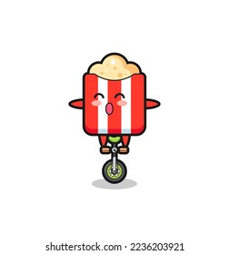 The cute popcorn character is riding a circus bike , cute style design for t shirt, sticker, logo element