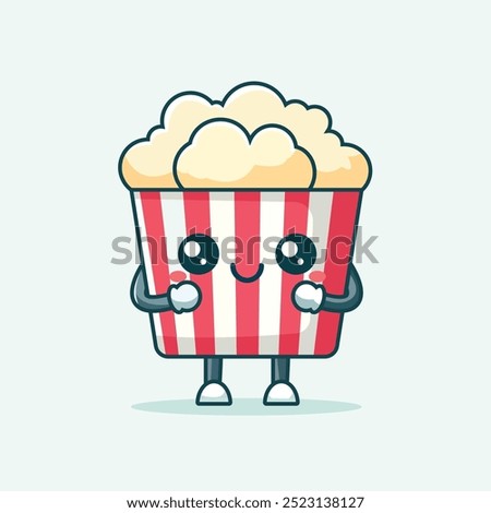Cute Popcorn Character Vector Icon Illustration. Kawaii Popcorn Mascot, Movie Icon Concept White Isolated. Flat Cartoon Style
