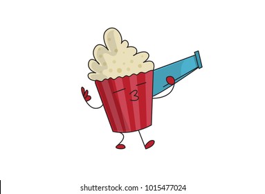 Cute Popcorn Character . vector illustration. isolated on white background.
