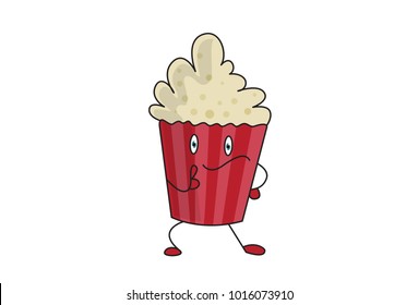 Cute Popcorn Character . Vector Illustration. Isolated on white background.