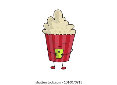 Cute Popcorn Character working on the phone. Vector Illustration. Isolated on white background.