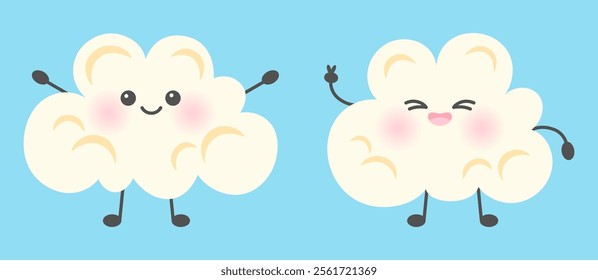 Cute popcorn characters with eyes and smile and different emotions. National Popcorn Day or food theme. January 19. Vector illustration in flat style.