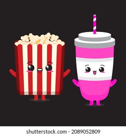 cute popcorn and drink character vector