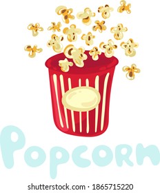 Cute Popcorn Flying Out Of Striped Cardboard Box Isolated On White Background. Littered Heap Of Corn Seeds. Movie Concept. Flat Illustration, Doodle Style. Cinema Design. Kawaii Popcorn Kernel Idea